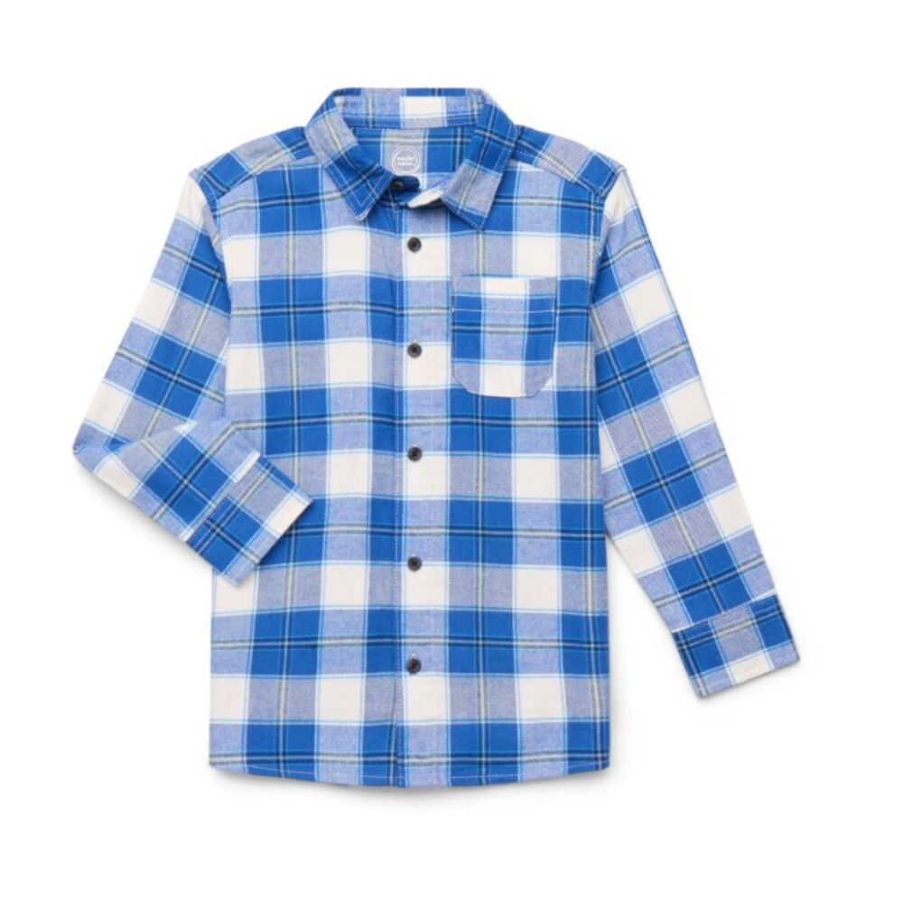 NEW NWT Boys Sz XXL (18) Blue Plaid Soft Flannel Button Up Shirt WONDER NATION